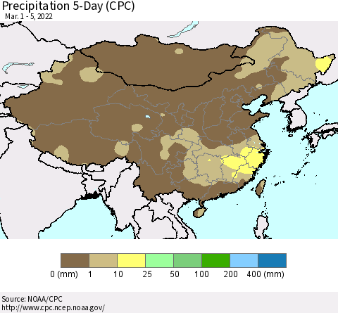 China, Mongolia and Taiwan Precipitation 5-Day (CPC) Thematic Map For 3/1/2022 - 3/5/2022