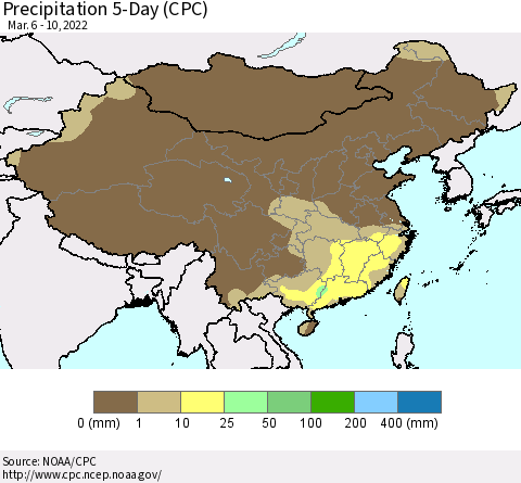 China, Mongolia and Taiwan Precipitation 5-Day (CPC) Thematic Map For 3/6/2022 - 3/10/2022