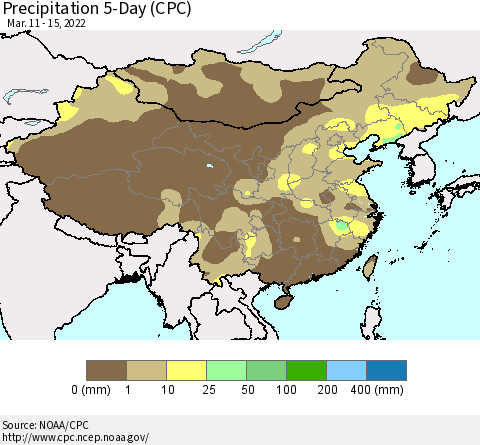 China, Mongolia and Taiwan Precipitation 5-Day (CPC) Thematic Map For 3/11/2022 - 3/15/2022