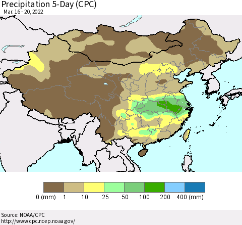 China, Mongolia and Taiwan Precipitation 5-Day (CPC) Thematic Map For 3/16/2022 - 3/20/2022