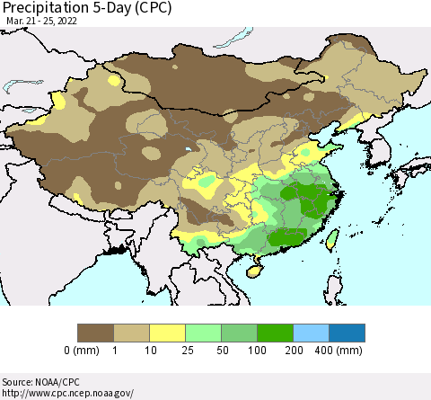 China, Mongolia and Taiwan Precipitation 5-Day (CPC) Thematic Map For 3/21/2022 - 3/25/2022