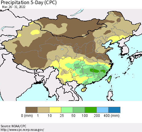 China, Mongolia and Taiwan Precipitation 5-Day (CPC) Thematic Map For 3/26/2022 - 3/31/2022