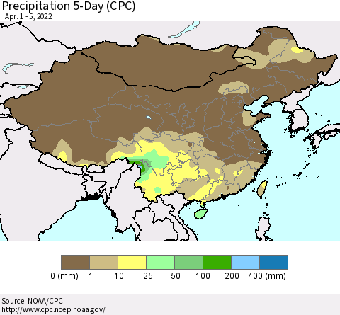 China, Mongolia and Taiwan Precipitation 5-Day (CPC) Thematic Map For 4/1/2022 - 4/5/2022