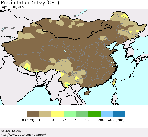 China, Mongolia and Taiwan Precipitation 5-Day (CPC) Thematic Map For 4/6/2022 - 4/10/2022