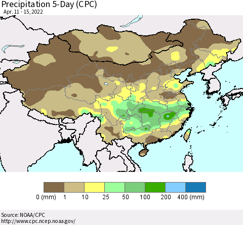 China, Mongolia and Taiwan Precipitation 5-Day (CPC) Thematic Map For 4/11/2022 - 4/15/2022