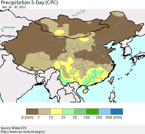 China, Mongolia and Taiwan Precipitation 5-Day (CPC) Thematic Map For 4/16/2022 - 4/20/2022