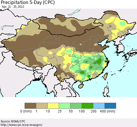 China, Mongolia and Taiwan Precipitation 5-Day (CPC) Thematic Map For 4/21/2022 - 4/25/2022