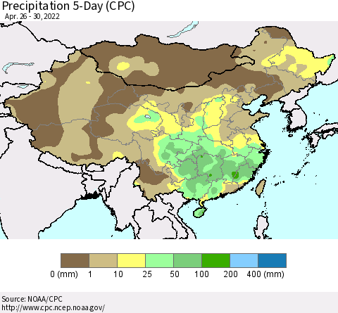 China, Mongolia and Taiwan Precipitation 5-Day (CPC) Thematic Map For 4/26/2022 - 4/30/2022
