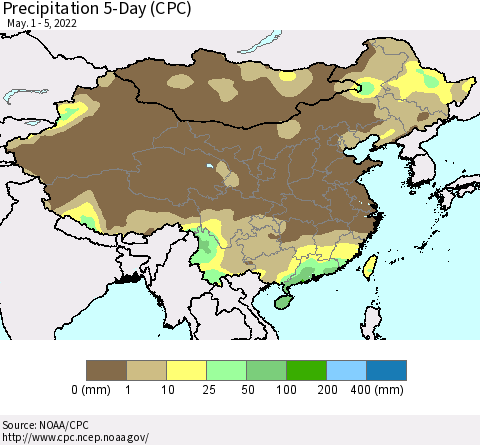 China, Mongolia and Taiwan Precipitation 5-Day (CPC) Thematic Map For 5/1/2022 - 5/5/2022