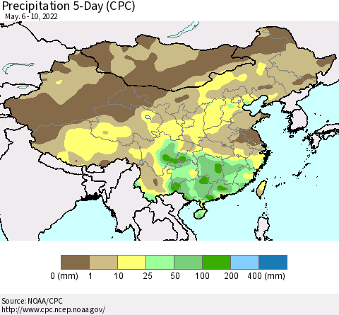 China, Mongolia and Taiwan Precipitation 5-Day (CPC) Thematic Map For 5/6/2022 - 5/10/2022