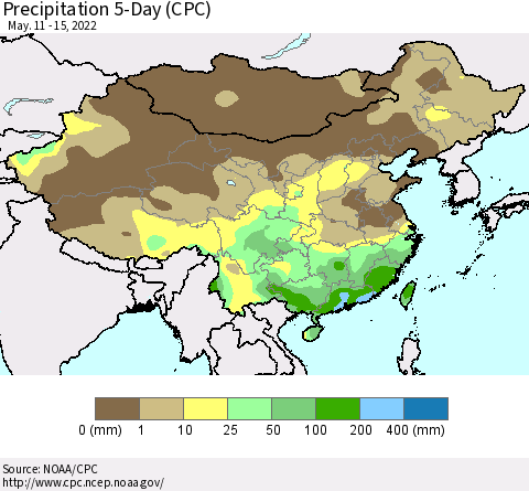 China, Mongolia and Taiwan Precipitation 5-Day (CPC) Thematic Map For 5/11/2022 - 5/15/2022