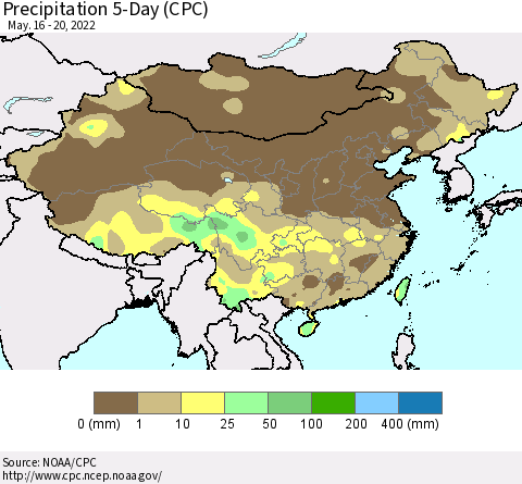 China, Mongolia and Taiwan Precipitation 5-Day (CPC) Thematic Map For 5/16/2022 - 5/20/2022
