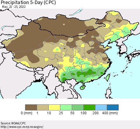 China, Mongolia and Taiwan Precipitation 5-Day (CPC) Thematic Map For 5/21/2022 - 5/25/2022
