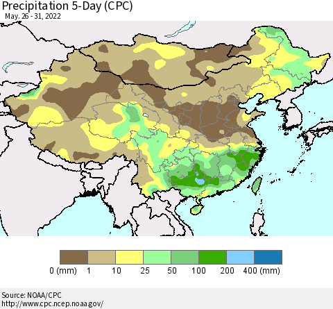China, Mongolia and Taiwan Precipitation 5-Day (CPC) Thematic Map For 5/26/2022 - 5/31/2022