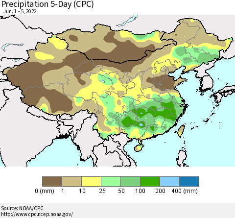 China, Mongolia and Taiwan Precipitation 5-Day (CPC) Thematic Map For 6/1/2022 - 6/5/2022