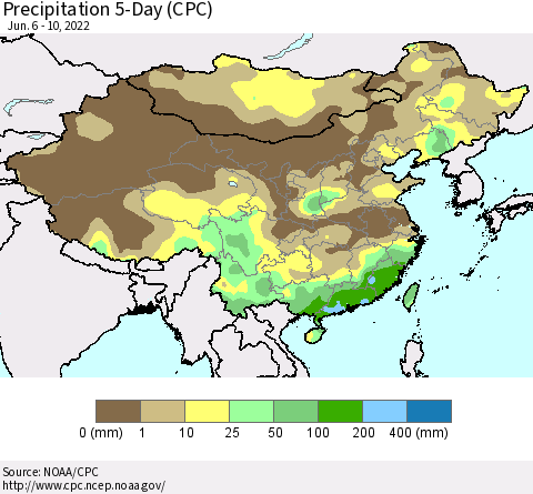 China, Mongolia and Taiwan Precipitation 5-Day (CPC) Thematic Map For 6/6/2022 - 6/10/2022