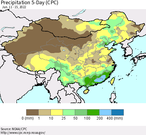 China, Mongolia and Taiwan Precipitation 5-Day (CPC) Thematic Map For 6/11/2022 - 6/15/2022