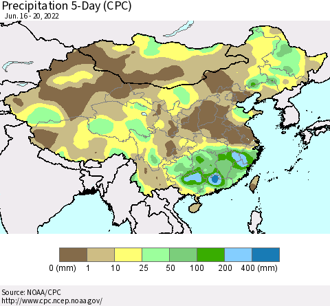 China, Mongolia and Taiwan Precipitation 5-Day (CPC) Thematic Map For 6/16/2022 - 6/20/2022
