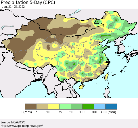 China, Mongolia and Taiwan Precipitation 5-Day (CPC) Thematic Map For 6/21/2022 - 6/25/2022