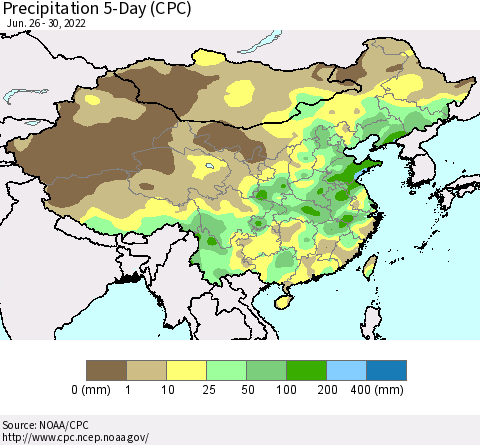 China, Mongolia and Taiwan Precipitation 5-Day (CPC) Thematic Map For 6/26/2022 - 6/30/2022