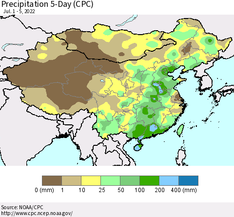 China, Mongolia and Taiwan Precipitation 5-Day (CPC) Thematic Map For 7/1/2022 - 7/5/2022
