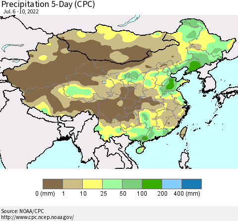 China, Mongolia and Taiwan Precipitation 5-Day (CPC) Thematic Map For 7/6/2022 - 7/10/2022