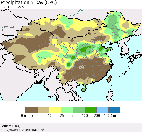 China, Mongolia and Taiwan Precipitation 5-Day (CPC) Thematic Map For 7/11/2022 - 7/15/2022