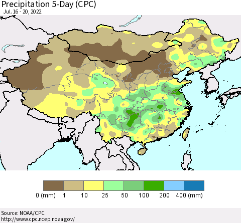 China, Mongolia and Taiwan Precipitation 5-Day (CPC) Thematic Map For 7/16/2022 - 7/20/2022