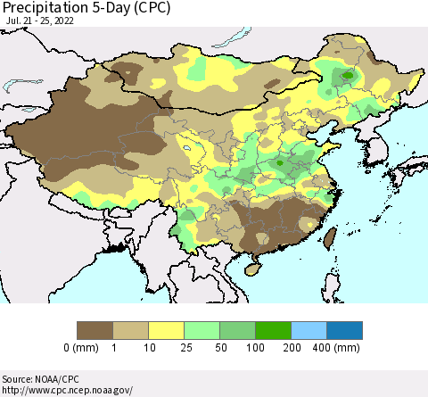China, Mongolia and Taiwan Precipitation 5-Day (CPC) Thematic Map For 7/21/2022 - 7/25/2022
