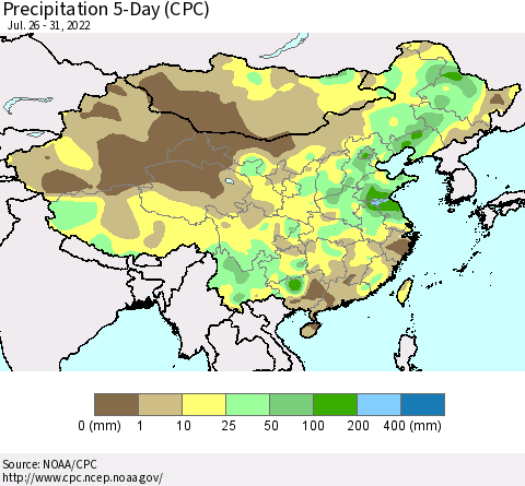 China, Mongolia and Taiwan Precipitation 5-Day (CPC) Thematic Map For 7/26/2022 - 7/31/2022