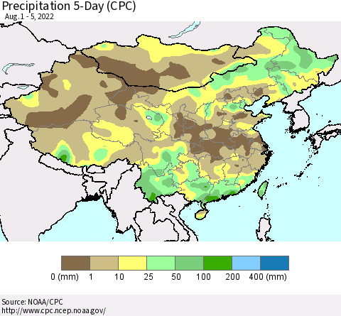 China, Mongolia and Taiwan Precipitation 5-Day (CPC) Thematic Map For 8/1/2022 - 8/5/2022