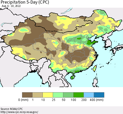 China, Mongolia and Taiwan Precipitation 5-Day (CPC) Thematic Map For 8/6/2022 - 8/10/2022