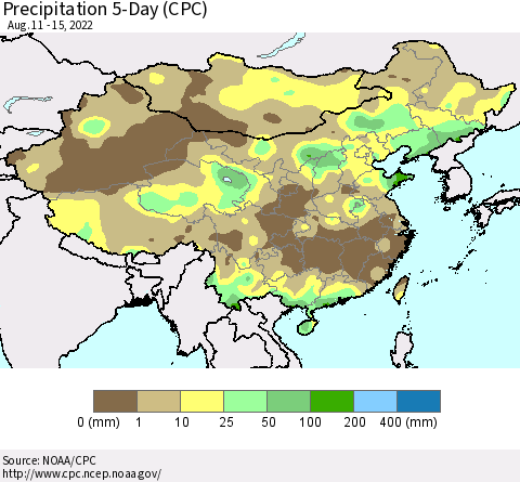 China, Mongolia and Taiwan Precipitation 5-Day (CPC) Thematic Map For 8/11/2022 - 8/15/2022