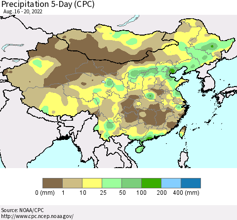 China, Mongolia and Taiwan Precipitation 5-Day (CPC) Thematic Map For 8/16/2022 - 8/20/2022