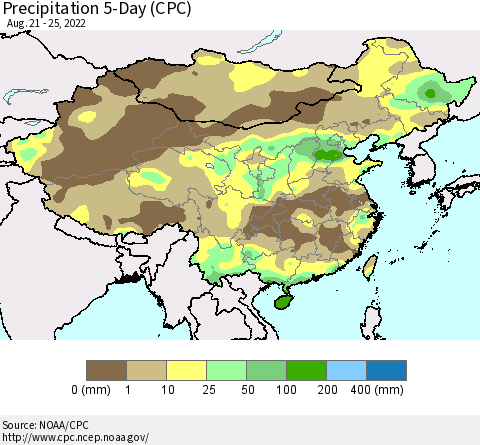 China, Mongolia and Taiwan Precipitation 5-Day (CPC) Thematic Map For 8/21/2022 - 8/25/2022