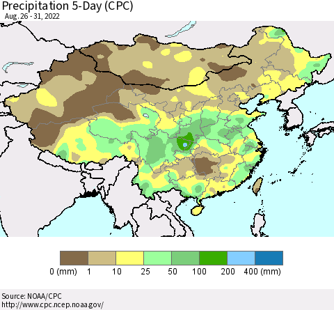China, Mongolia and Taiwan Precipitation 5-Day (CPC) Thematic Map For 8/26/2022 - 8/31/2022
