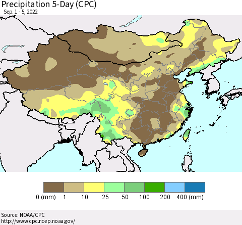 China, Mongolia and Taiwan Precipitation 5-Day (CPC) Thematic Map For 9/1/2022 - 9/5/2022