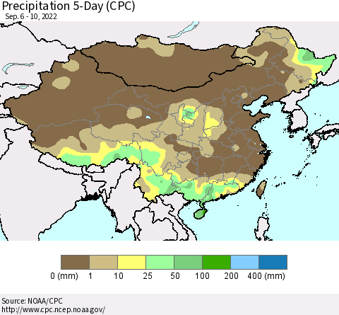 China, Mongolia and Taiwan Precipitation 5-Day (CPC) Thematic Map For 9/6/2022 - 9/10/2022
