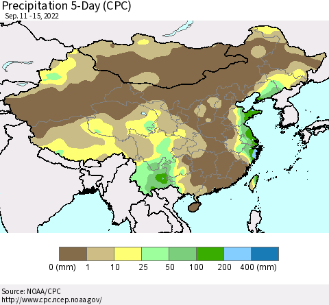 China, Mongolia and Taiwan Precipitation 5-Day (CPC) Thematic Map For 9/11/2022 - 9/15/2022