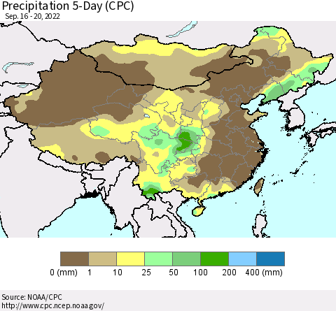 China, Mongolia and Taiwan Precipitation 5-Day (CPC) Thematic Map For 9/16/2022 - 9/20/2022