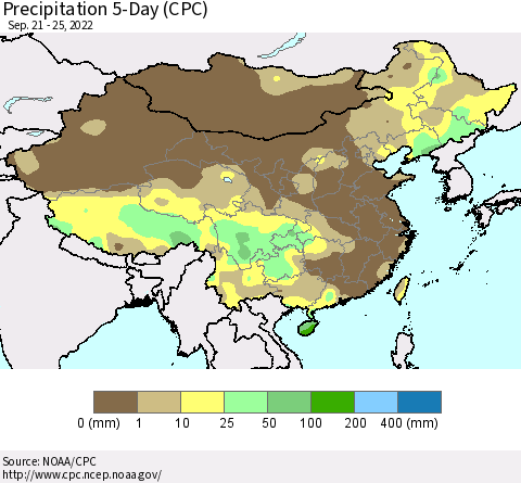 China, Mongolia and Taiwan Precipitation 5-Day (CPC) Thematic Map For 9/21/2022 - 9/25/2022