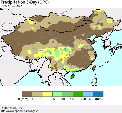 China, Mongolia and Taiwan Precipitation 5-Day (CPC) Thematic Map For 9/26/2022 - 9/30/2022
