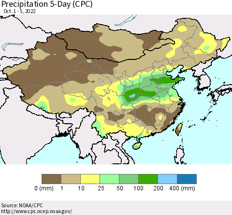 China, Mongolia and Taiwan Precipitation 5-Day (CPC) Thematic Map For 10/1/2022 - 10/5/2022