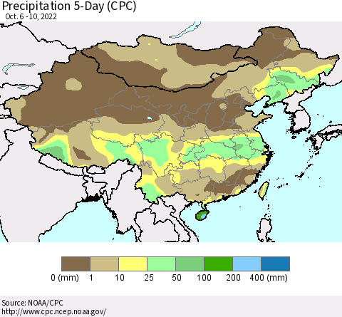 China, Mongolia and Taiwan Precipitation 5-Day (CPC) Thematic Map For 10/6/2022 - 10/10/2022