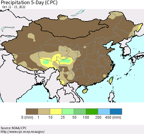 China, Mongolia and Taiwan Precipitation 5-Day (CPC) Thematic Map For 10/11/2022 - 10/15/2022