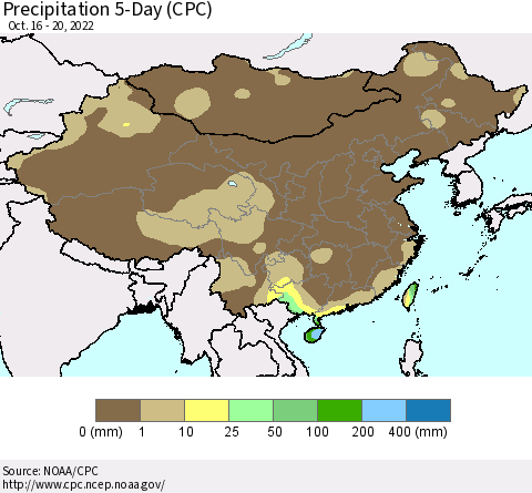 China, Mongolia and Taiwan Precipitation 5-Day (CPC) Thematic Map For 10/16/2022 - 10/20/2022