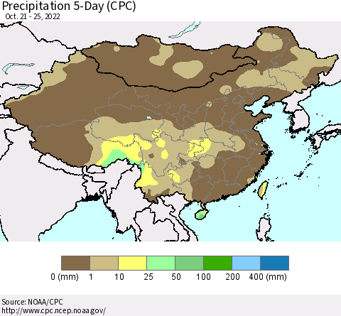 China, Mongolia and Taiwan Precipitation 5-Day (CPC) Thematic Map For 10/21/2022 - 10/25/2022
