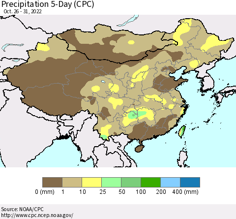 China, Mongolia and Taiwan Precipitation 5-Day (CPC) Thematic Map For 10/26/2022 - 10/31/2022