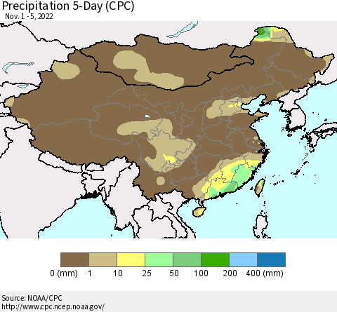 China, Mongolia and Taiwan Precipitation 5-Day (CPC) Thematic Map For 11/1/2022 - 11/5/2022
