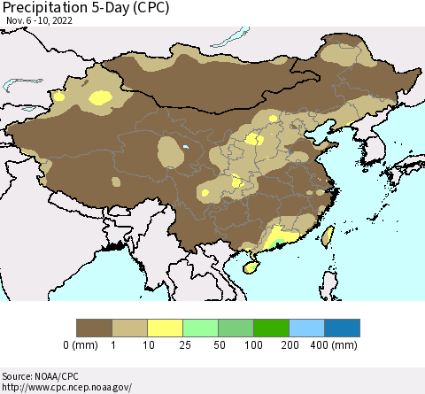 China, Mongolia and Taiwan Precipitation 5-Day (CPC) Thematic Map For 11/6/2022 - 11/10/2022